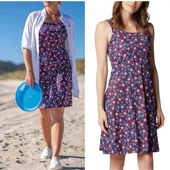 Columbia Women’s PFG Freezer III Dress Nocturnal Hibiscustripe Blue Red Floral - Picture 1 of 16